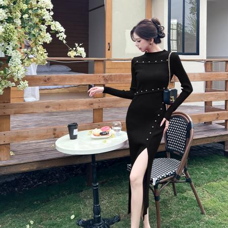 FA53137# 秋冬新款时尚气质针织连衣裙女毛衣裙设计感开叉显瘦长裙 服裝批發女裝批發服飾貨源