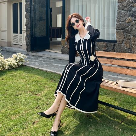 FA53139# 法式小香风名媛时尚针织连衣裙女秋冬立体花朵绑带收腰单排扣长裙 服裝批發女裝批發服飾貨源