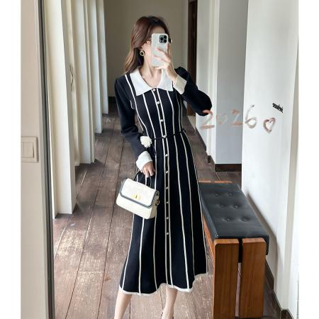 FA53139# 法式小香风名媛时尚针织连衣裙女秋冬立体花朵绑带收腰单排扣长裙 服裝批發女裝批發服飾貨源