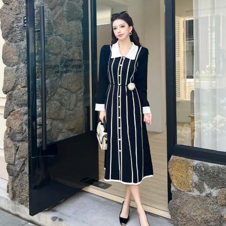 FA53139# 法式小香风名媛时尚针织连衣裙女秋冬立体花朵绑带收腰单排扣长裙 服裝批發女裝批發服飾貨源