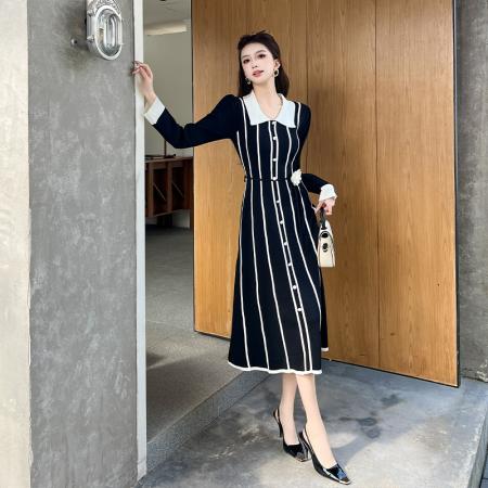 FA53139# 法式小香风名媛时尚针织连衣裙女秋冬立体花朵绑带收腰单排扣长裙 服裝批發女裝批發服飾貨源