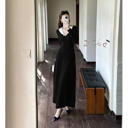 FA53140# 赫本风法式红色长袖针织连衣裙女韩系气质收腰内搭长裙新年战袍 服裝批發女裝批發服飾貨源