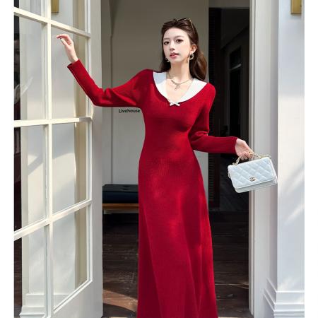 FA53140# 赫本风法式红色长袖针织连衣裙女韩系气质收腰内搭长裙新年战袍 服裝批發女裝批發服飾貨源