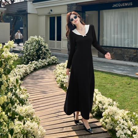 FA53140# 赫本风法式红色长袖针织连衣裙女韩系气质收腰内搭长裙新年战袍 服裝批發女裝批發服飾貨源