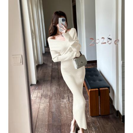 FA53141# 纯欲修身法式气质御姐收腰包臀粉色针织连衣裙V领内搭打底长裙 服裝批發女裝批發服飾貨源