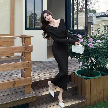 FA53141# 纯欲修身法式气质御姐收腰包臀粉色针织连衣裙V领内搭打底长裙 服裝批發女裝批發服飾貨源