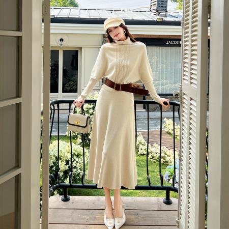 FA53143# 韩版高领针织拼接长袖连衣裙套装女配腰带三件套慵懒风设计感 服裝批發女裝批發服飾貨源