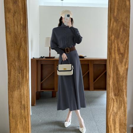 FA53143# 韩版高领针织拼接长袖连衣裙套装女配腰带三件套慵懒风设计感 服裝批發女裝批發服飾貨源