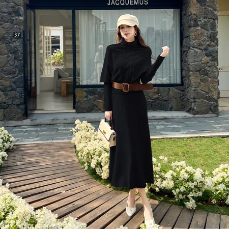 FA53143# 韩版高领针织拼接长袖连衣裙套装女配腰带三件套慵懒风设计感 服裝批發女裝批發服飾貨源