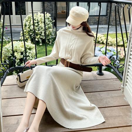 FA53143# 韩版高领针织拼接长袖连衣裙套装女配腰带三件套慵懒风设计感 服裝批發女裝批發服飾貨源