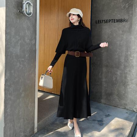 FA53143# 韩版高领针织拼接长袖连衣裙套装女配腰带三件套慵懒风设计感 服裝批發女裝批發服飾貨源