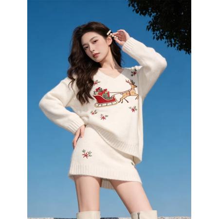 FA53144# 独特穿搭一整女冬季圣诞麋鹿针织毛衣针织短裙巨好看套装 服裝批發女裝批發服飾貨源