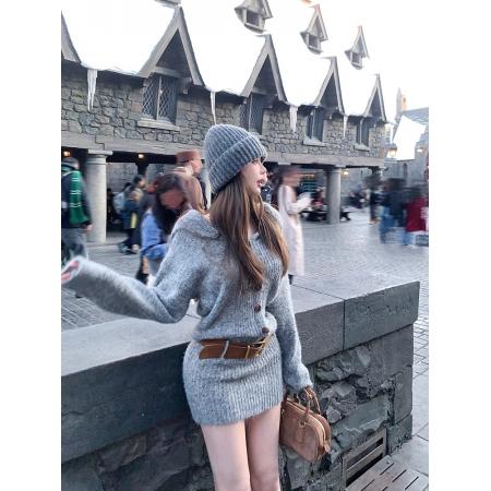 FA53145# 小调协奏曲灰色针织连衣裙海军领修身毛衣包臀裙女 服裝批發女裝批發服飾貨源