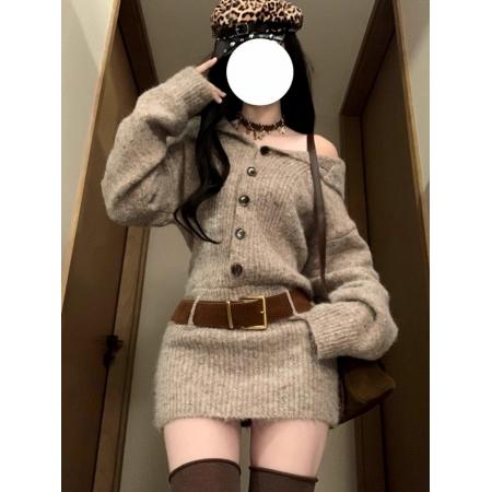 FA53145# 小调协奏曲灰色针织连衣裙海军领修身毛衣包臀裙女 服裝批發女裝批發服飾貨源