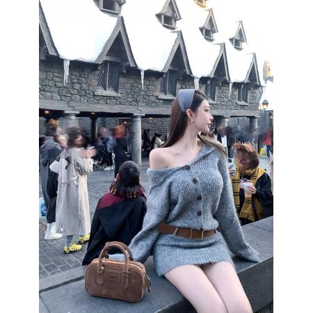 FA53145# 小调协奏曲灰色针织连衣裙海军领修身毛衣包臀裙女 服裝批發女裝批發服飾貨源