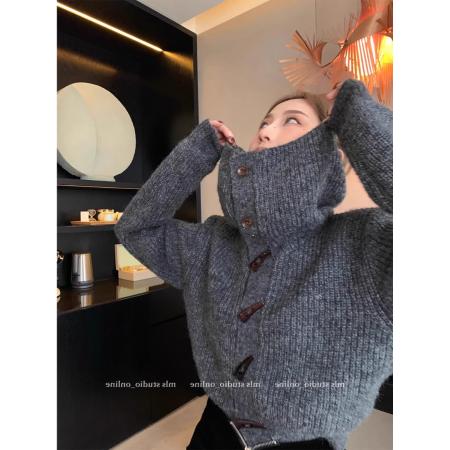 FA53147# 牛角扣翻领棕色毛衣外套女秋冬新款女装短款上衣早秋慵懒针织开衫 服裝批發女裝批發服飾貨源