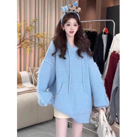 FA53149# 性感纯欲连帽长袖针织毛衣女秋季新款口袋设计感辣妹宽松慵懒上衣 服裝批發女裝批發服飾貨源