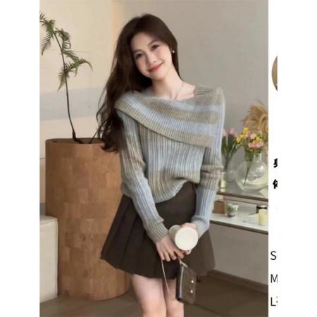 FA53150# 渐变一字领露肩毛衣女秋冬设计感软糯慵懒显瘦长袖针织衫外穿上衣 服裝批發女裝批發服飾貨源