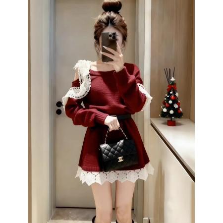 FA53151# 韩系氛围感蕾丝花边针织短裙女秋冬新款甜美风软糯厚款毛衣连衣裙 服裝批發女裝批發服飾貨源