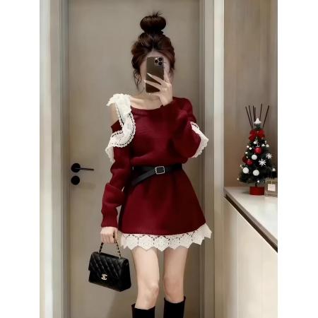 FA53151# 韩系氛围感蕾丝花边针织短裙女秋冬新款甜美风软糯厚款毛衣连衣裙 服裝批發女裝批發服飾貨源