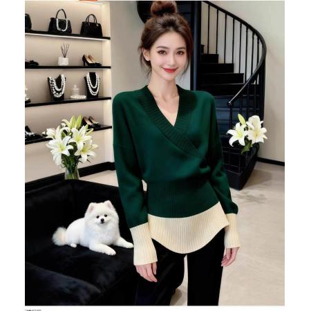 FA53152# 法式撞色V领长袖打底针织衫女秋冬内搭可外穿高级感收腰显瘦上衣 服裝批發女裝批發服飾貨源