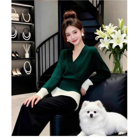 FA53152# 法式撞色V领长袖打底针织衫女秋冬内搭可外穿高级感收腰显瘦上衣 服裝批發女裝批發服飾貨源