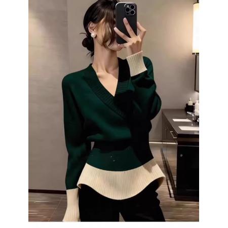 FA53152# 法式撞色V领长袖打底针织衫女秋冬内搭可外穿高级感收腰显瘦上衣 服裝批發女裝批發服飾貨源