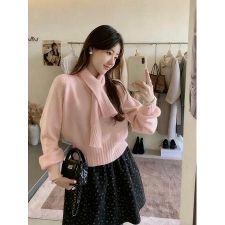 FA53153# 韩系简约慵懒风V领保暖毛衣女秋冬软糯减龄显瘦针织衫配围巾 服裝批發女裝批發服飾貨源