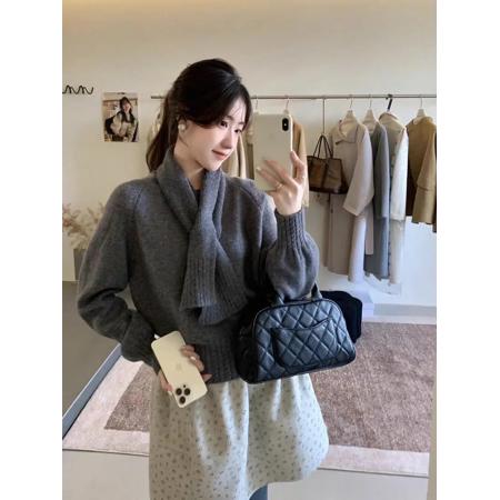 FA53153# 韩系简约慵懒风V领保暖毛衣女秋冬软糯减龄显瘦针织衫配围巾 服裝批發女裝批發服飾貨源