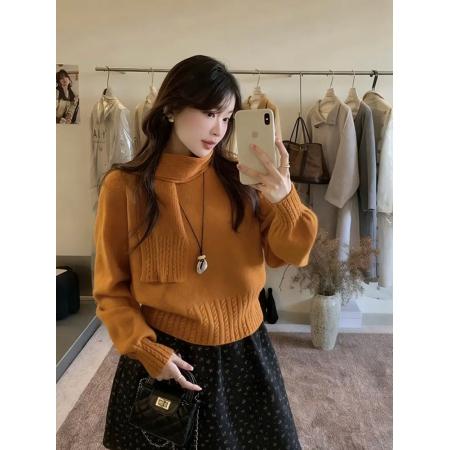 FA53153# 韩系简约慵懒风V领保暖毛衣女秋冬软糯减龄显瘦针织衫配围巾 服裝批發女裝批發服飾貨源