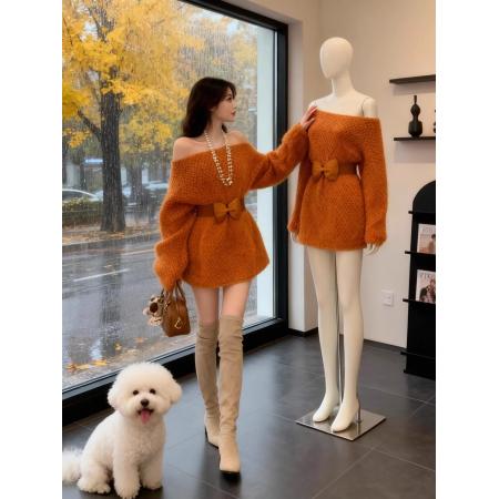 FA53155# 慵懒风露肩针织连衣裙女秋冬新款高级感宽松收腰显瘦加厚裙子 服裝批發女裝批發服飾貨源