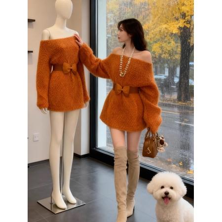 FA53155# 慵懒风露肩针织连衣裙女秋冬新款高级感宽松收腰显瘦加厚裙子 服裝批發女裝批發服飾貨源