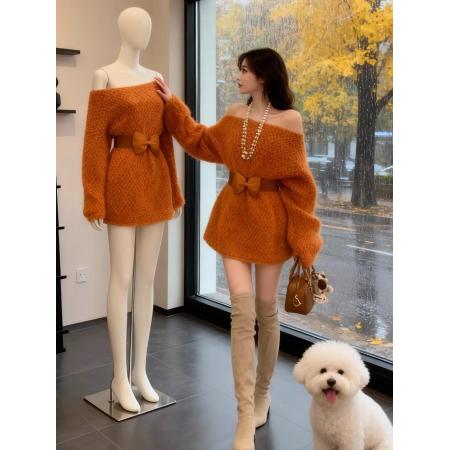 FA53155# 慵懒风露肩针织连衣裙女秋冬新款高级感宽松收腰显瘦加厚裙子 服裝批發女裝批發服飾貨源