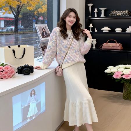 FA53156# ～针织百褶半身裙女秋冬小个子高腰显瘦中长款a字伞裙长裙 服裝批發女裝批發服飾貨源