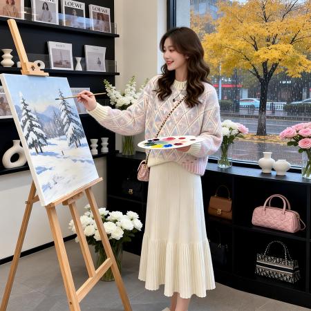 FA53156# ～针织百褶半身裙女秋冬小个子高腰显瘦中长款a字伞裙长裙 服裝批發女裝批發服飾貨源