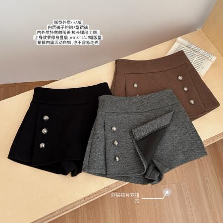 FA53159# 灰色修身纽扣毛呢A字裤裙女冬季新款美式复古气质半身裙 服裝批發女裝批發服飾貨源