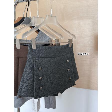 FA53159# 灰色修身纽扣毛呢A字裤裙女冬季新款美式复古气质半身裙 服裝批發女裝批發服飾貨源