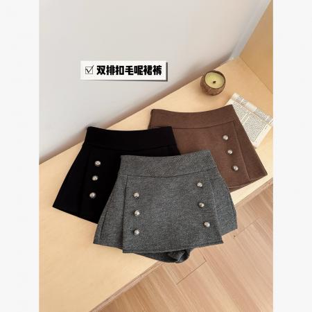 FA53159# 灰色修身纽扣毛呢A字裤裙女冬季新款美式复古气质半身裙 服裝批發女裝批發服飾貨源