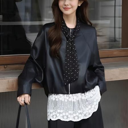 FA53160# 时髦配波点丝巾圆领短外套夹克宽松藏肉百搭休闲皮衣秋季新款女装 服裝批發女裝批發服飾貨源