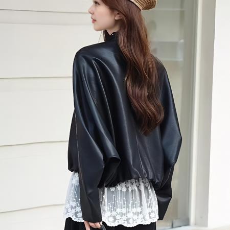 FA53160# 时髦配波点丝巾圆领短外套夹克宽松藏肉百搭休闲皮衣秋季新款女装 服裝批發女裝批發服飾貨源