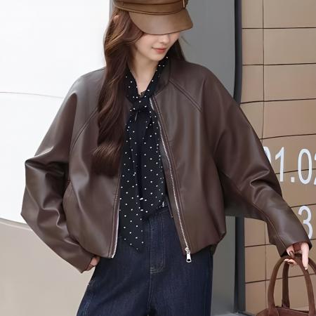 FA53160# 时髦配波点丝巾圆领短外套夹克宽松藏肉百搭休闲皮衣秋季新款女装 服裝批發女裝批發服飾貨源