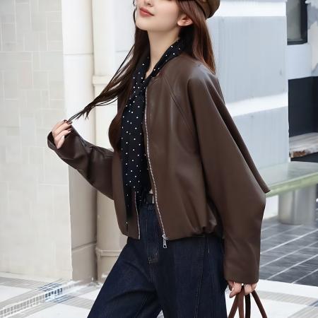 FA53160# 时髦配波点丝巾圆领短外套夹克宽松藏肉百搭休闲皮衣秋季新款女装 服裝批發女裝批發服飾貨源