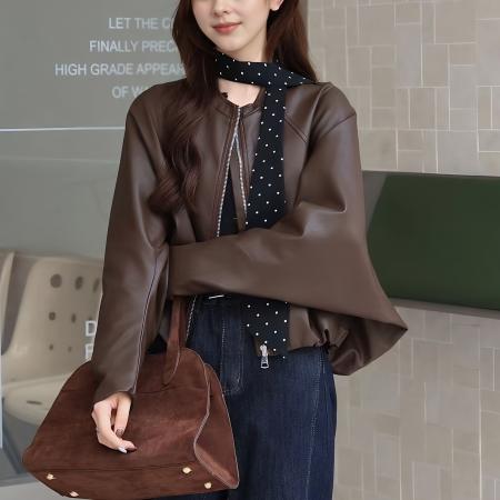 FA53160# 时髦配波点丝巾圆领短外套夹克宽松藏肉百搭休闲皮衣秋季新款女装 服裝批發女裝批發服飾貨源