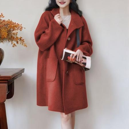 FA53161# 新款秋冬落肩袖毛呢外套女小高领宽松藏肉单排扣百搭毛呢大衣 服裝批發女裝批發服飾貨源