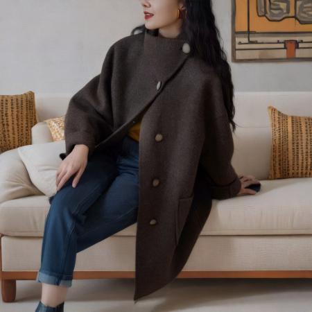 FA53161# 新款秋冬落肩袖毛呢外套女小高领宽松藏肉单排扣百搭毛呢大衣 服裝批發女裝批發服飾貨源