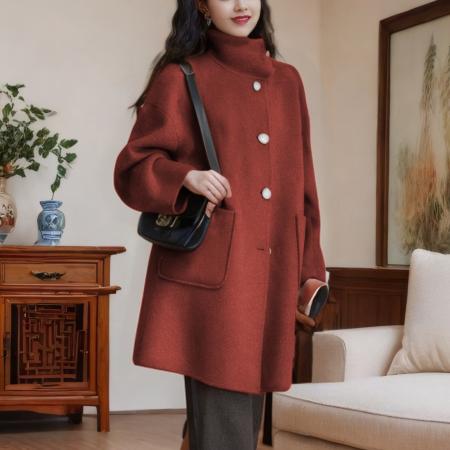 FA53161# 新款秋冬落肩袖毛呢外套女小高领宽松藏肉单排扣百搭毛呢大衣 服裝批發女裝批發服飾貨源