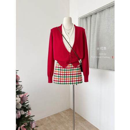 FA53163# 圣诞新年氛围感假两件V领针织开衫女秋冬款红色长袖通勤毛衣外套 服裝批發女裝批發服飾貨源