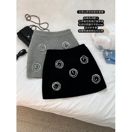 FA53164# 立体山茶花毛呢半身裙女冬季高腰短裙复古A字裙子 服裝批發女裝批發服飾貨源