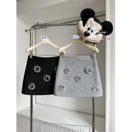 FA53164# 立体山茶花毛呢半身裙女冬季高腰短裙复古A字裙子 服裝批發女裝批發服飾貨源