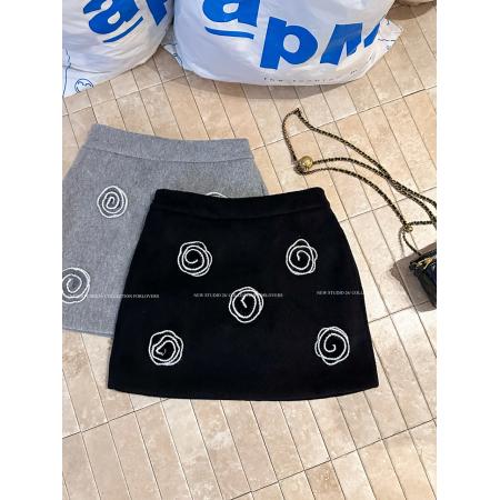 FA53164# 立体山茶花毛呢半身裙女冬季高腰短裙复古A字裙子 服裝批發女裝批發服飾貨源
